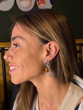 Vintage Amber Drop Earrings Silver Tone Dangle Oval Cabochon Boho Retro